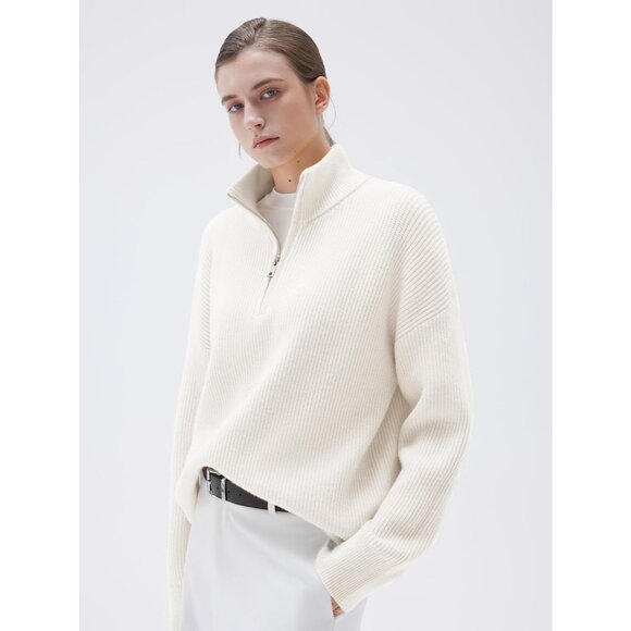 Women White Oversized Cashmere Collared Ribbed Long Sleeve Sweater - Picture 4 of 7